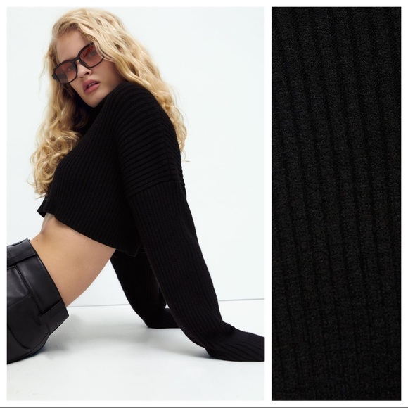 NWOT Zara Black Cropped Ribbed Sweater with High Collar. Size S. - Picture 4 of 10